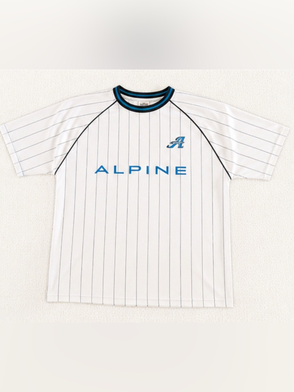 Alpine White Pinstriped Tee with Blue Logo